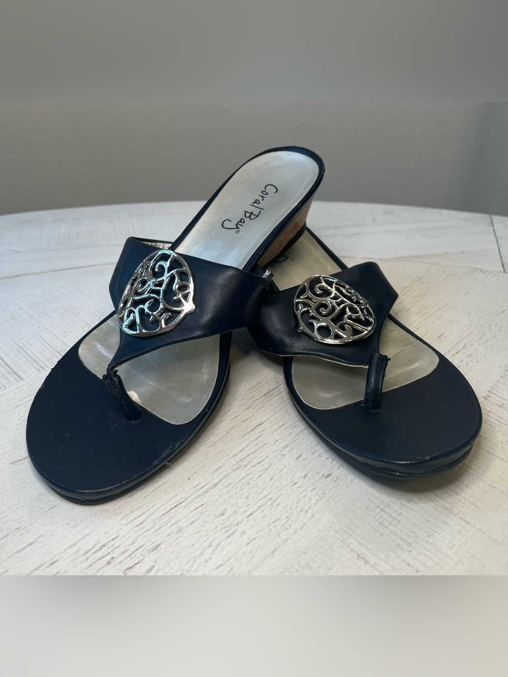 Coral Bay Navy Ramona Sandals with Silver Medallion